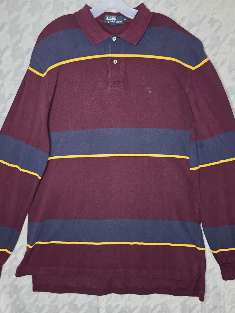 Polo by Ralph Lauren Burgundy, Navy & Yellow Striped Rugby Polo Long Sleeve
